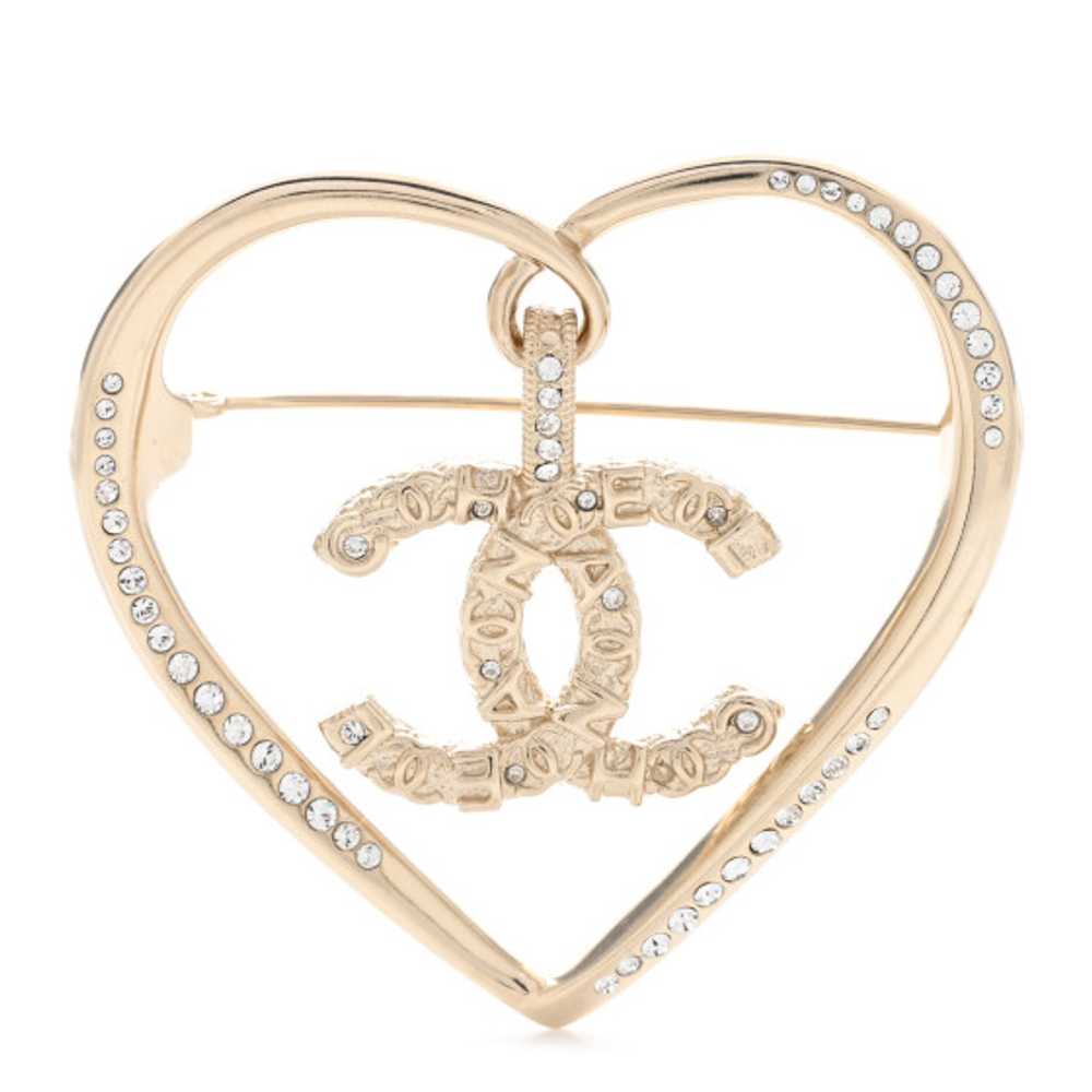 CHANEL Crystal CC Logo Heart Brooch Gold - image 1