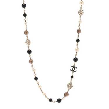 CHANEL Pearl Crystal Bead CC Long Necklace Black … - image 1