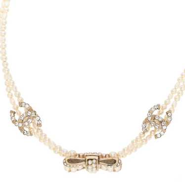 CHANEL Pearl Crystal CC Bow Choker Necklace Gold