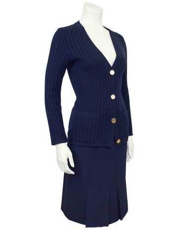 Celine Navy Blue Wool Cardigan and Gabardine Skirt
