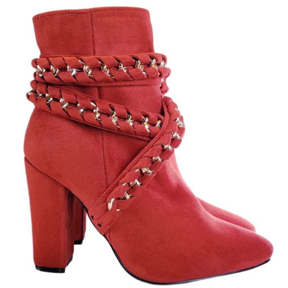 CAPE RIBBON RED FAUX SUEDE ZIP UP BOOT WITH BRAID… - image 1