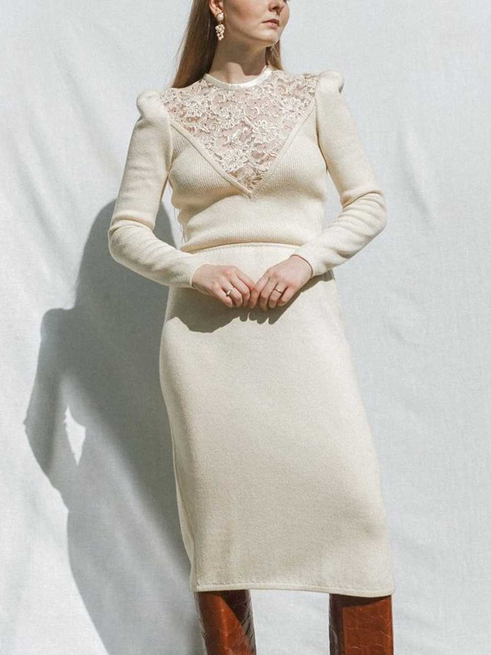 Cream Wool Puff Sleeve Dress with Lace Detail - image 2