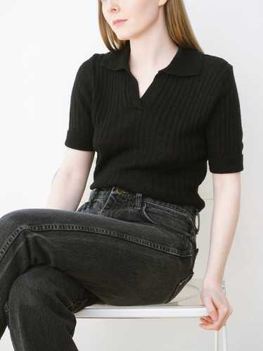 Black Ribbed Knit Henley Collared Blouse