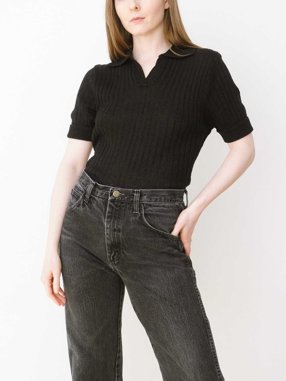 Black Ribbed Knit Henley Collared Blouse - image 2