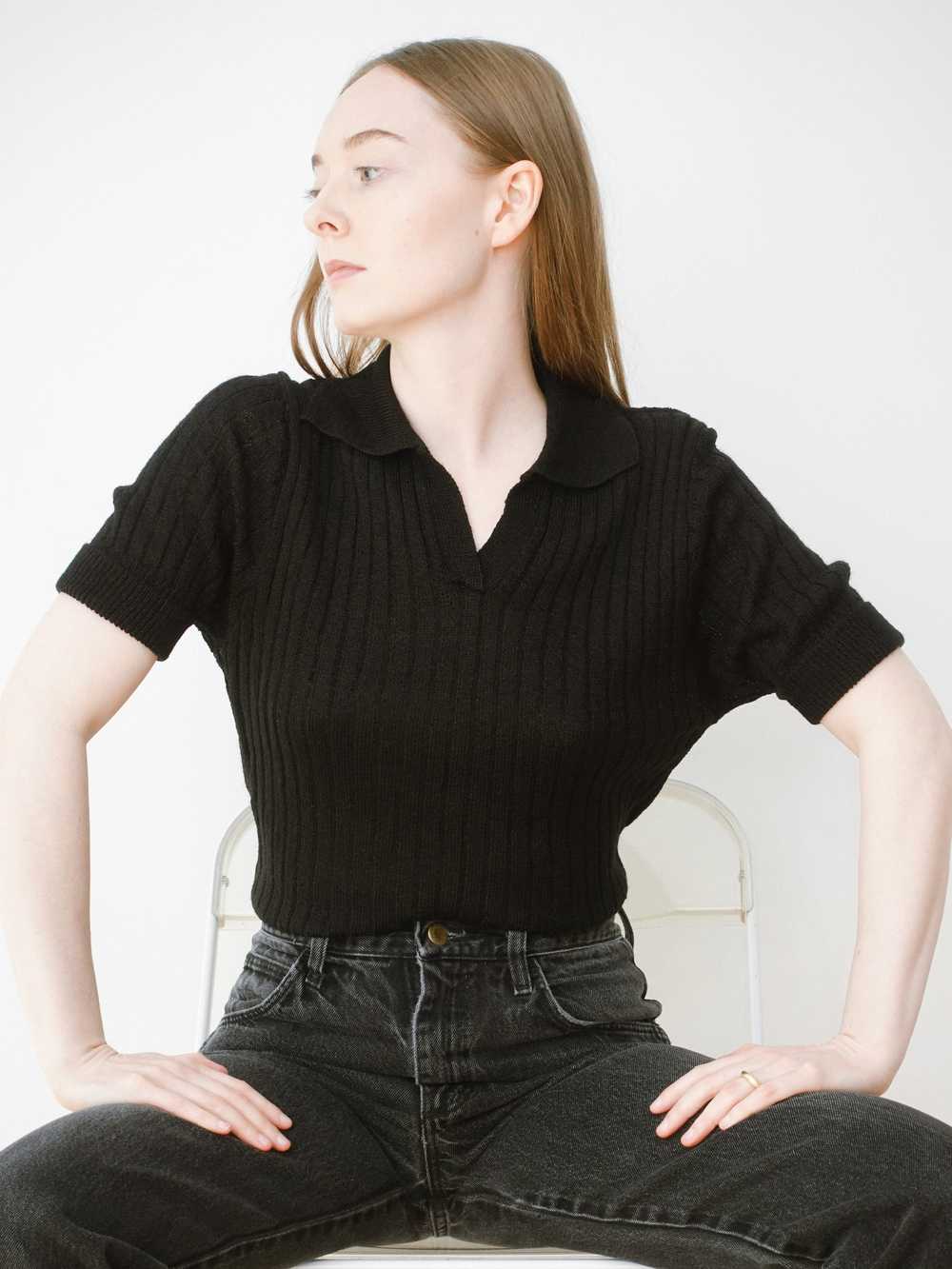 Black Ribbed Knit Henley Collared Blouse - image 3