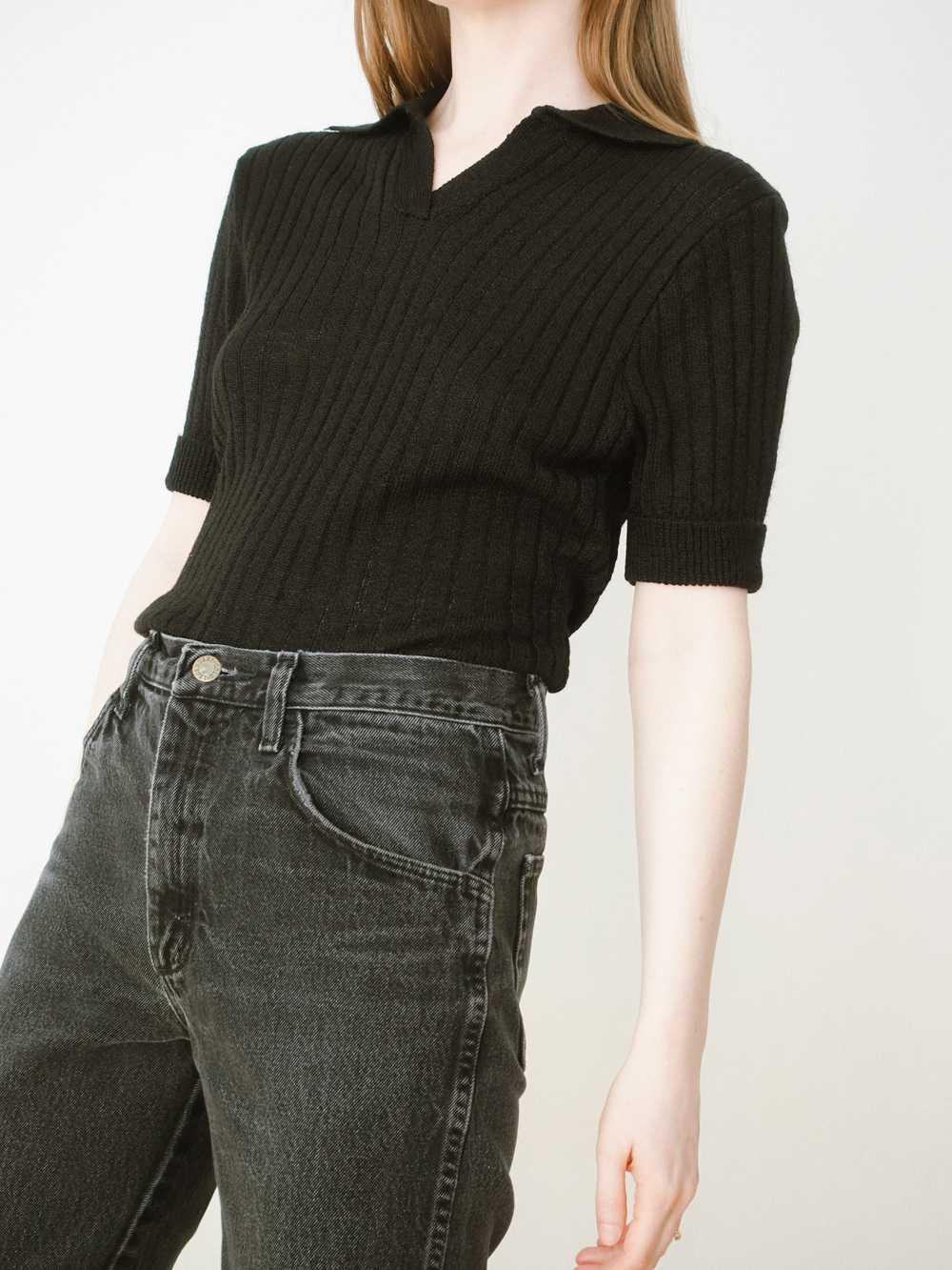 Black Ribbed Knit Henley Collared Blouse - image 4