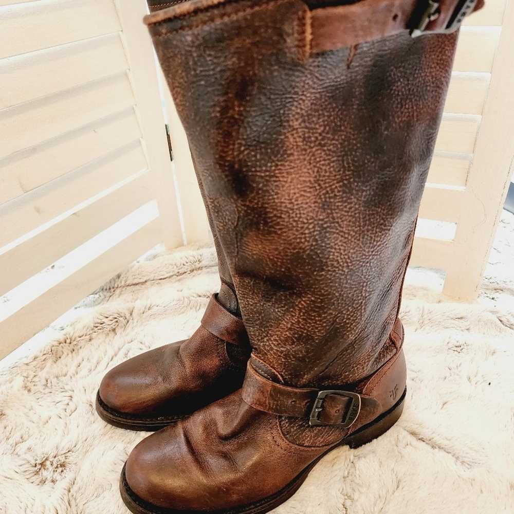 FRYE TALL BROWN BUCKLE BOOTS SIZE 7.5 - image 4