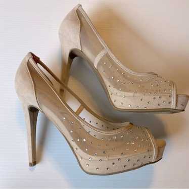 GUESS faux suede mesh rhinestones peep toe stilet… - image 1