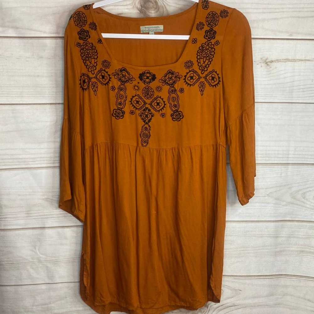 World Market Brown Embroidered Neckline Dress Siz… - image 1