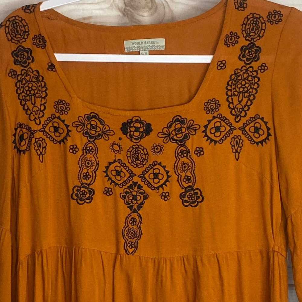 World Market Brown Embroidered Neckline Dress Siz… - image 2