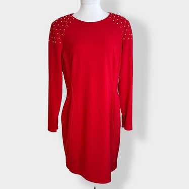 TAHARI Red Studded Knee Length Dress 12