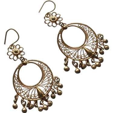 Indian Style Gold Tone Large Hoop Dangle Hippie E… - image 1