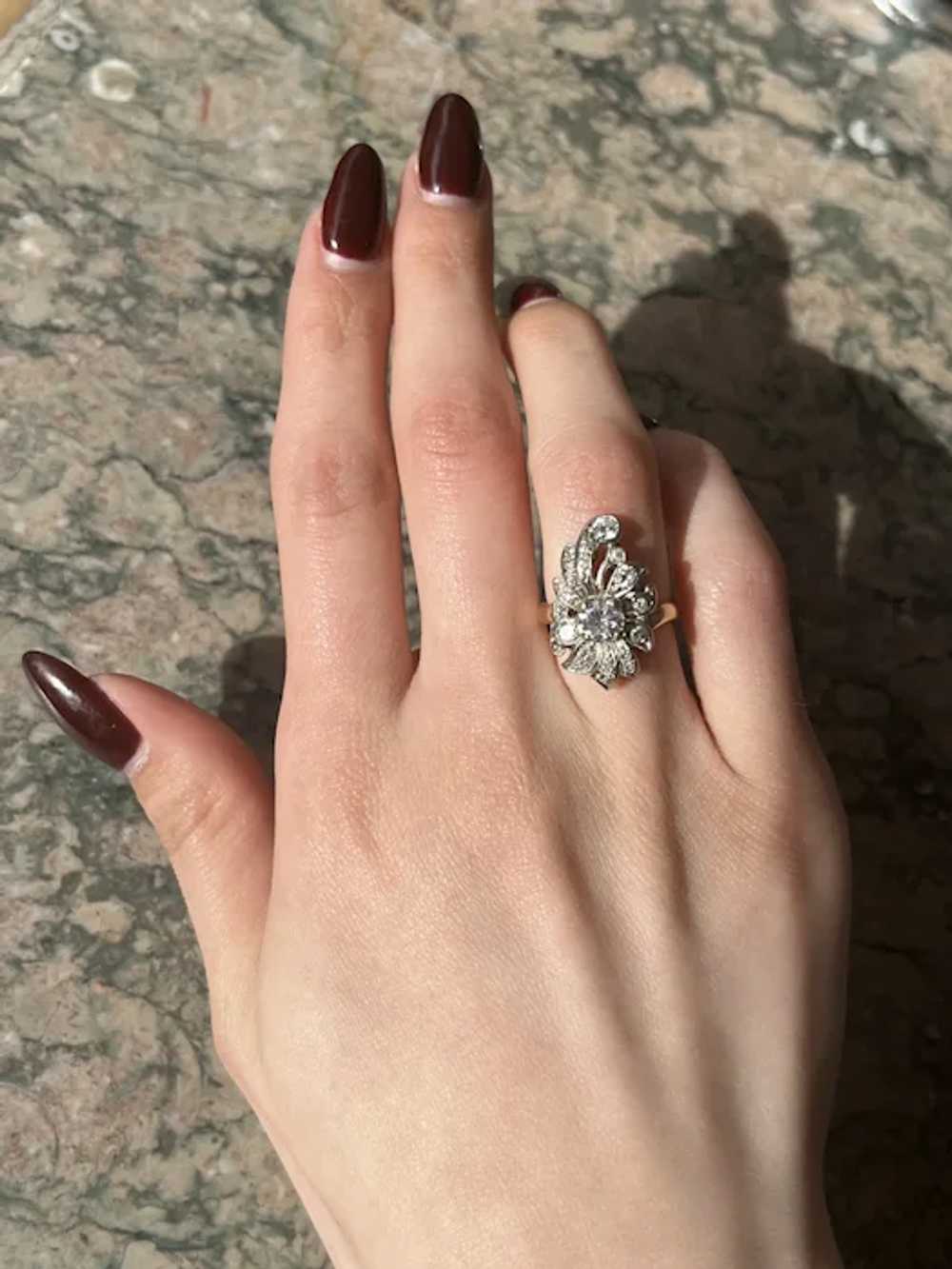 Vintage 14K & Diamond Floral Cocktail Ring - image 2