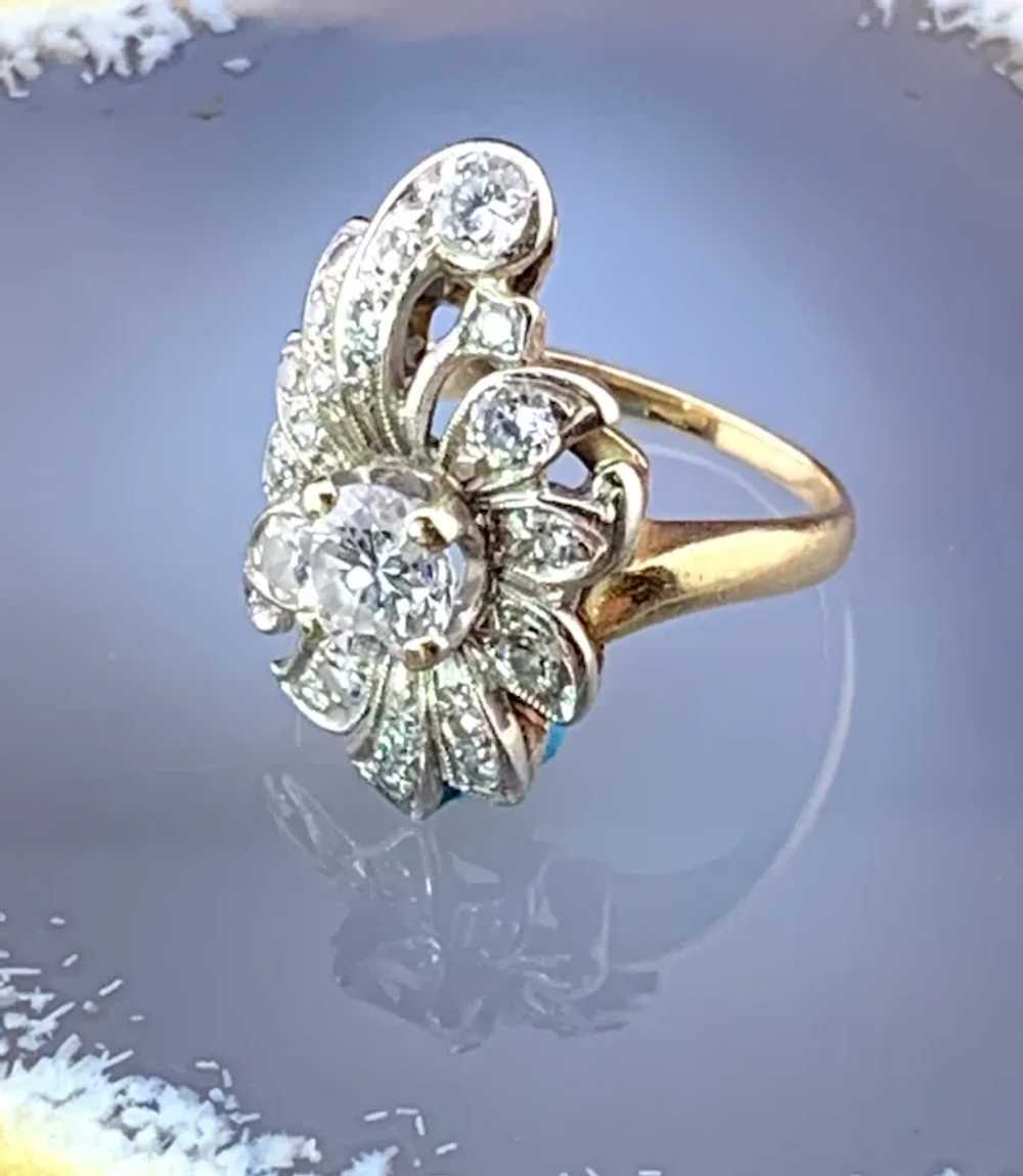 Vintage 14K & Diamond Floral Cocktail Ring - image 3