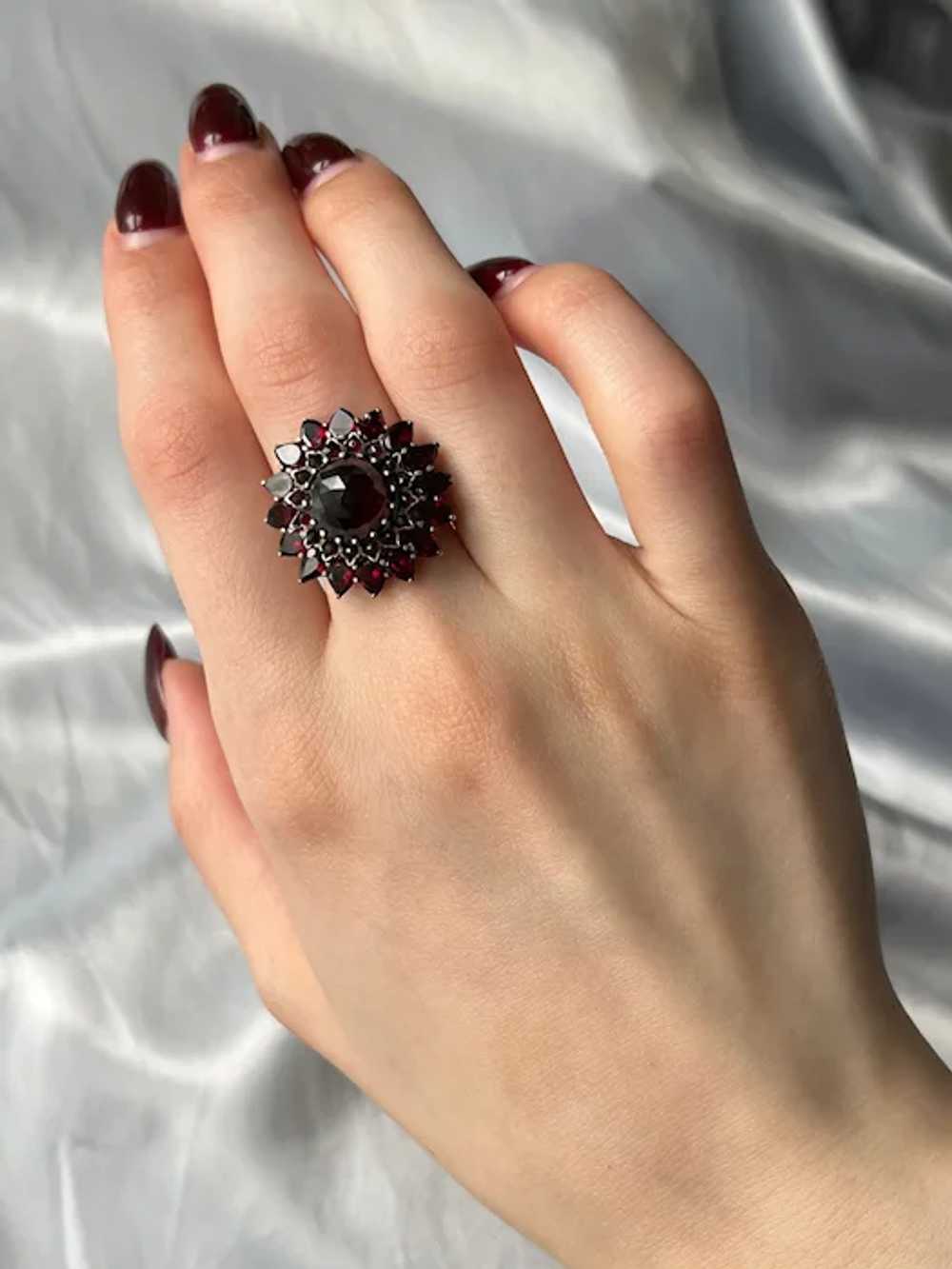 Antique Bohemian Garnet & 9k Cluster Flower Ring - image 2