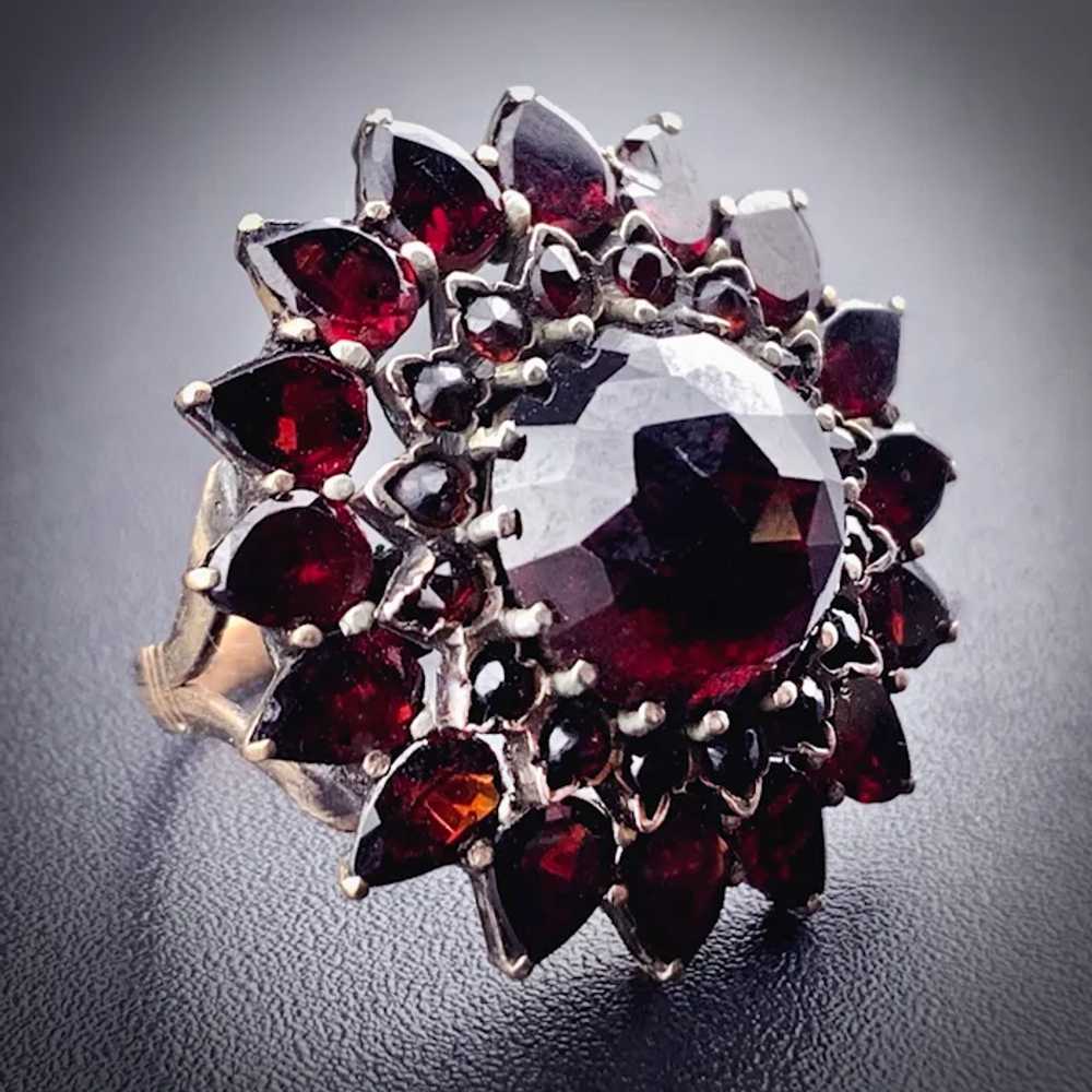 Antique Bohemian Garnet & 9k Cluster Flower Ring - image 3