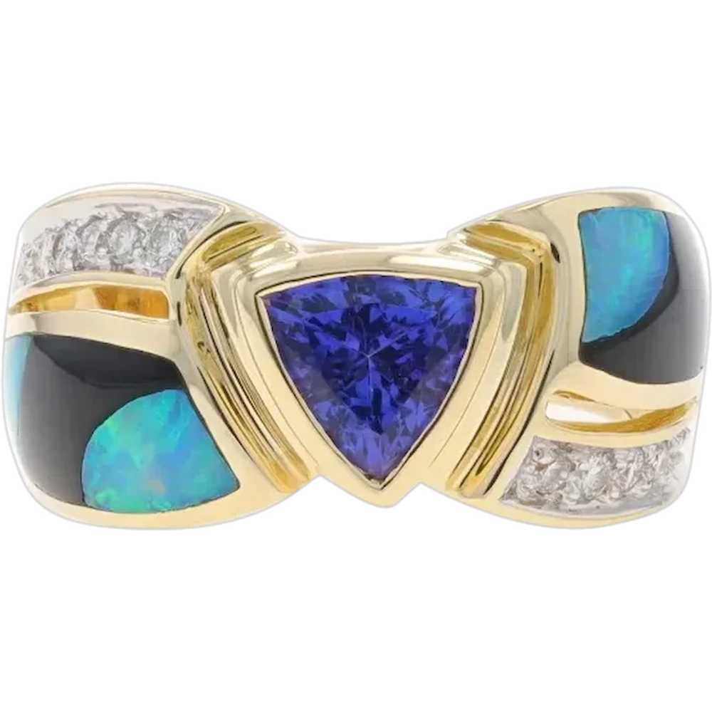 Yellow Gold Tanzanite, Opal, & Onyx Ring - 14k Tr… - image 1