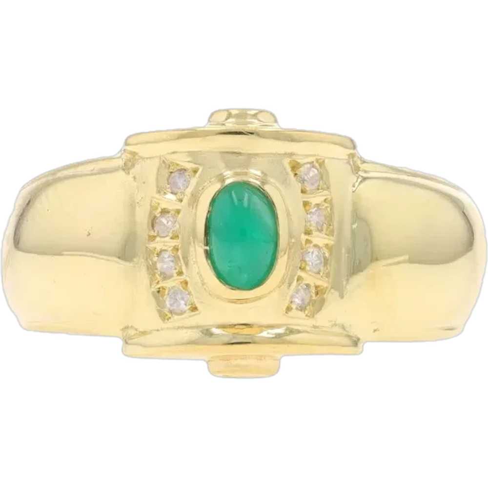 Yellow Gold Emerald Diamond Ring - 18k Oval Caboc… - image 1