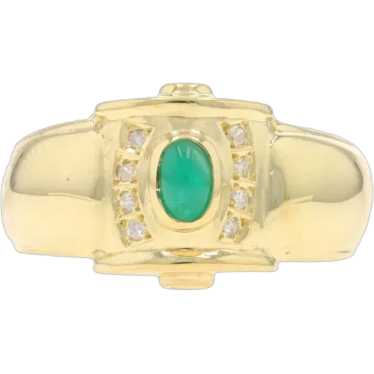 Yellow Gold Emerald Diamond Ring - 18k Oval Caboc… - image 1