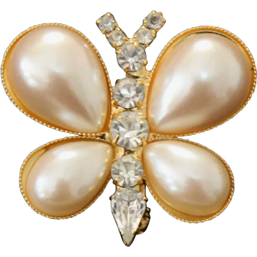 Faux Pearl and Rhinestone Figural Butterfly Pin - image 1