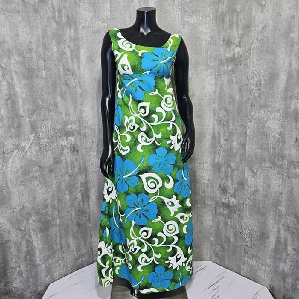 Vintage 60s 70s Royal Hawaiian Blue Green Floral … - image 2