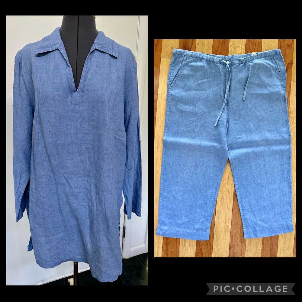 KATE HILL CASUAL LADIES BLUE LINEN TUNIC TOP CAPR… - image 1