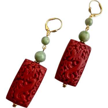 Carved Dragon Cinnabar Resin and Jade Earrings - image 1