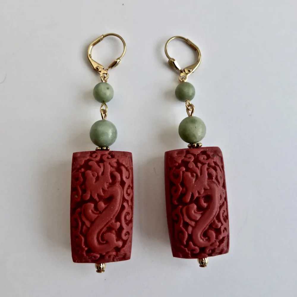 Carved Dragon Cinnabar Resin and Jade Earrings - image 2