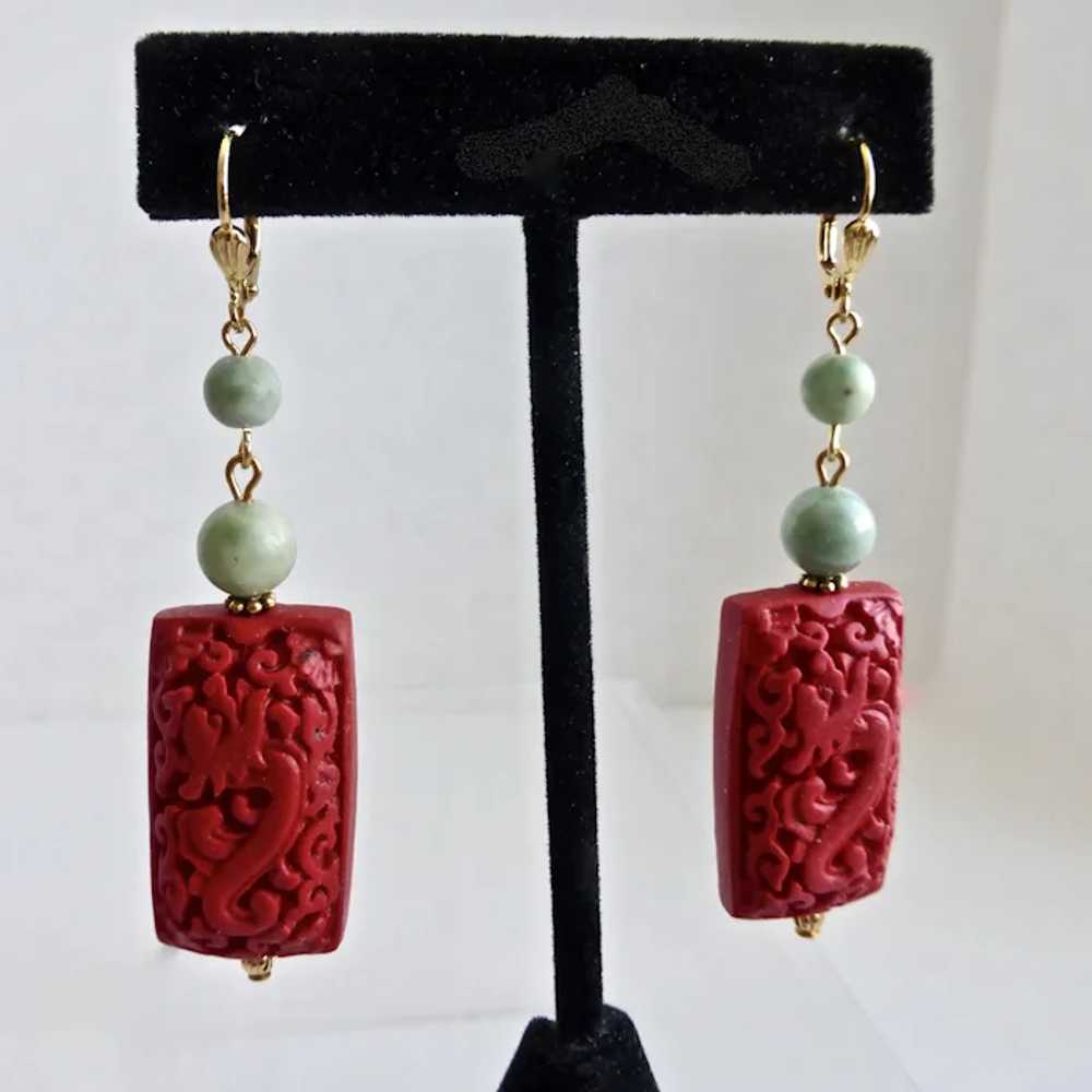 Carved Dragon Cinnabar Resin and Jade Earrings - image 3