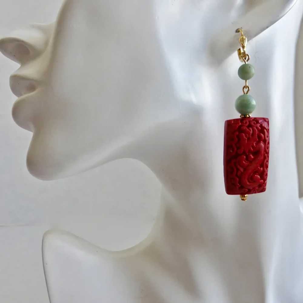 Carved Dragon Cinnabar Resin and Jade Earrings - image 4