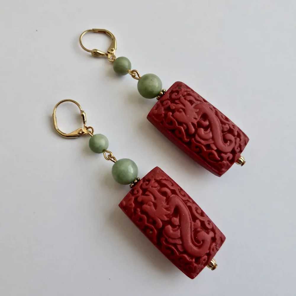 Carved Dragon Cinnabar Resin and Jade Earrings - image 5