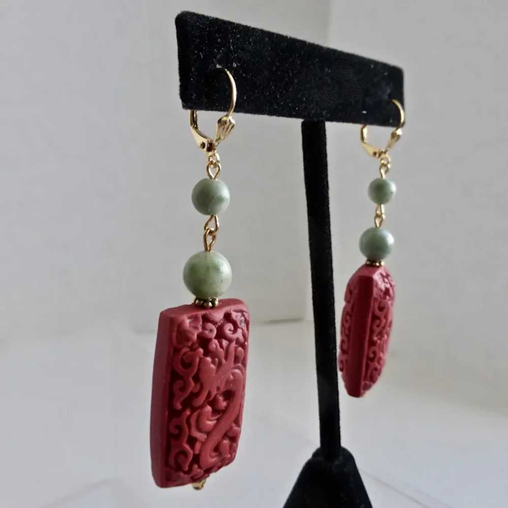 Carved Dragon Cinnabar Resin and Jade Earrings - image 6