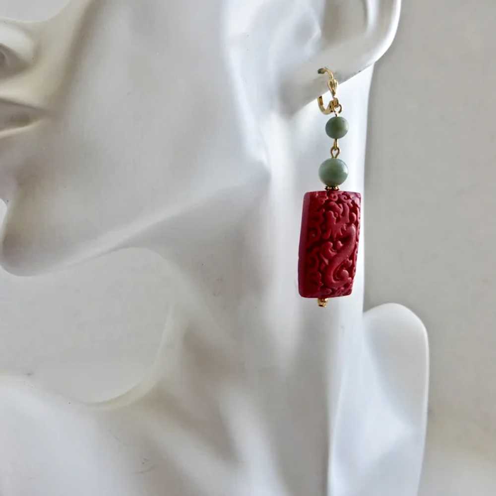 Carved Dragon Cinnabar Resin and Jade Earrings - image 7