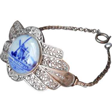 Delft Faience 830 Silver Filigree Plaque Bracelet 