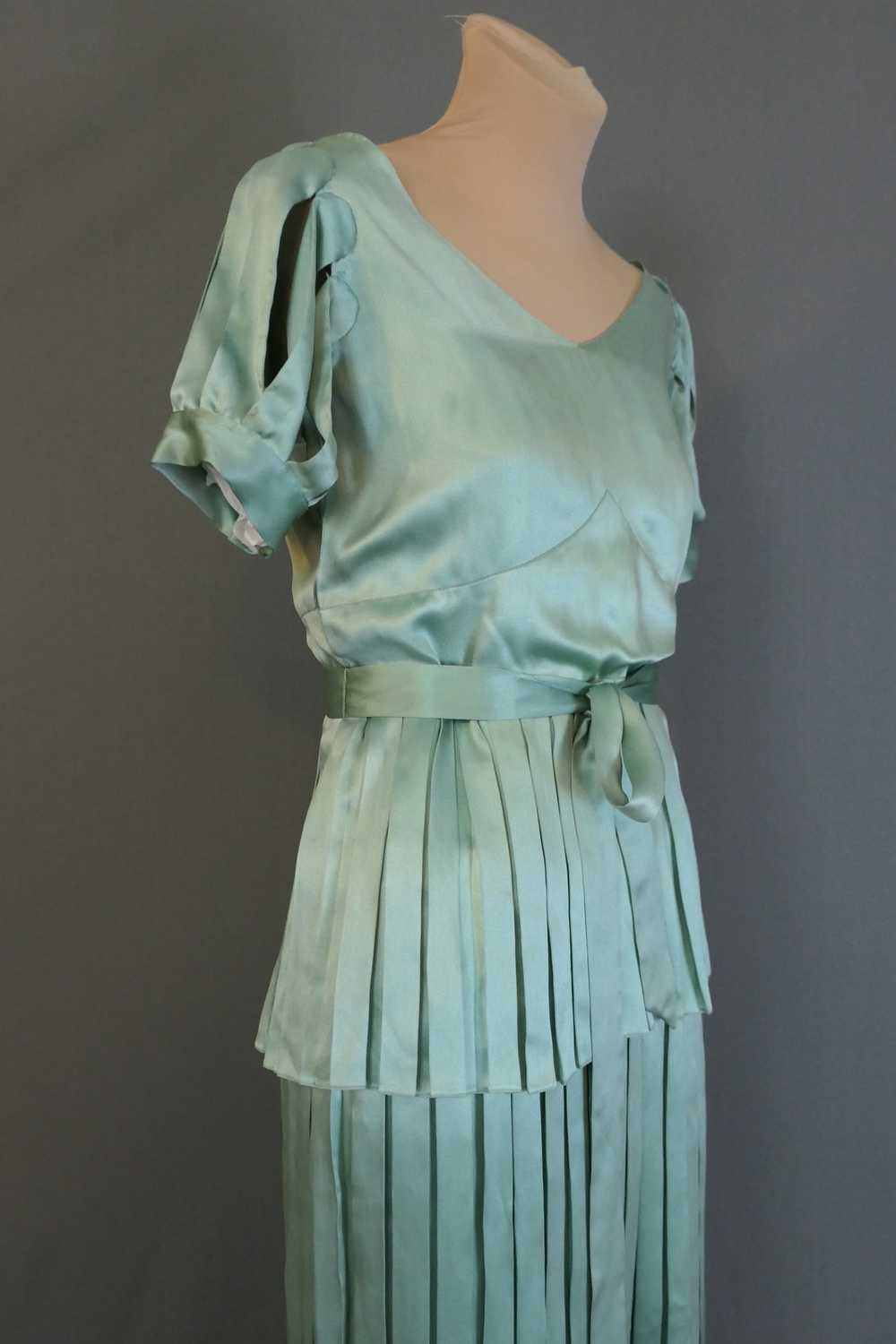 Vintage 1920s Satin Gown Seafoam Green Silk, Plea… - image 11
