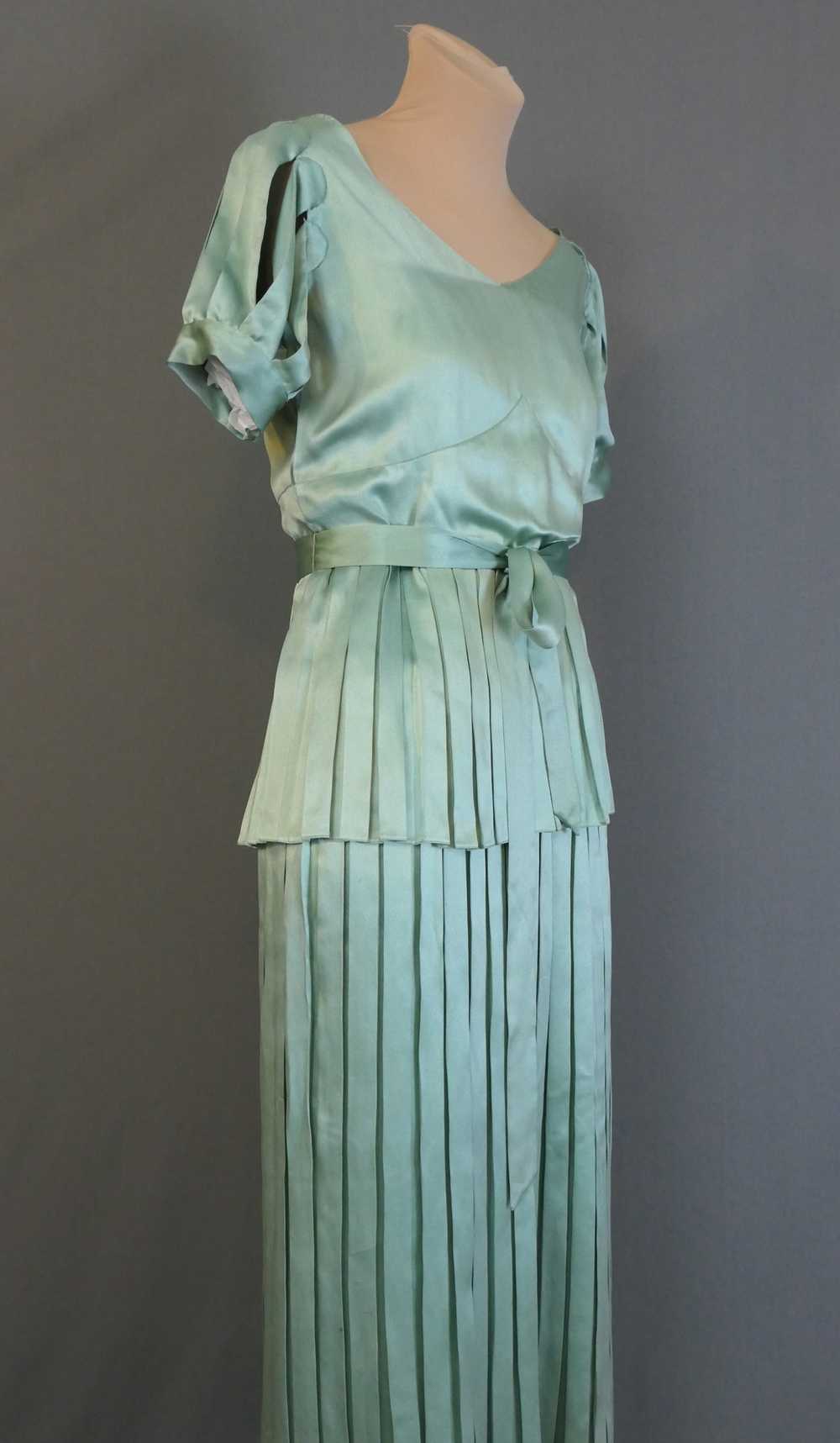 Vintage 1920s Satin Gown Seafoam Green Silk, Plea… - image 12