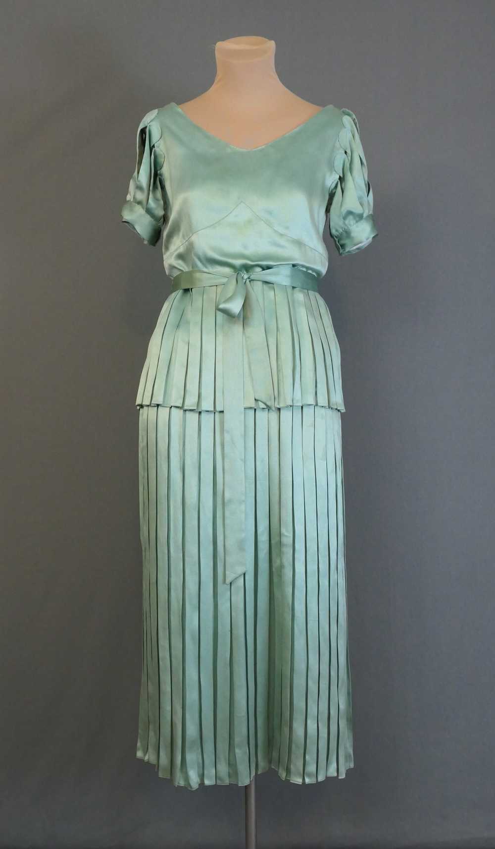 Vintage 1920s Satin Gown Seafoam Green Silk, Plea… - image 2