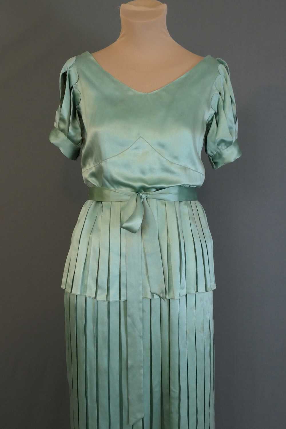 Vintage 1920s Satin Gown Seafoam Green Silk, Plea… - image 4