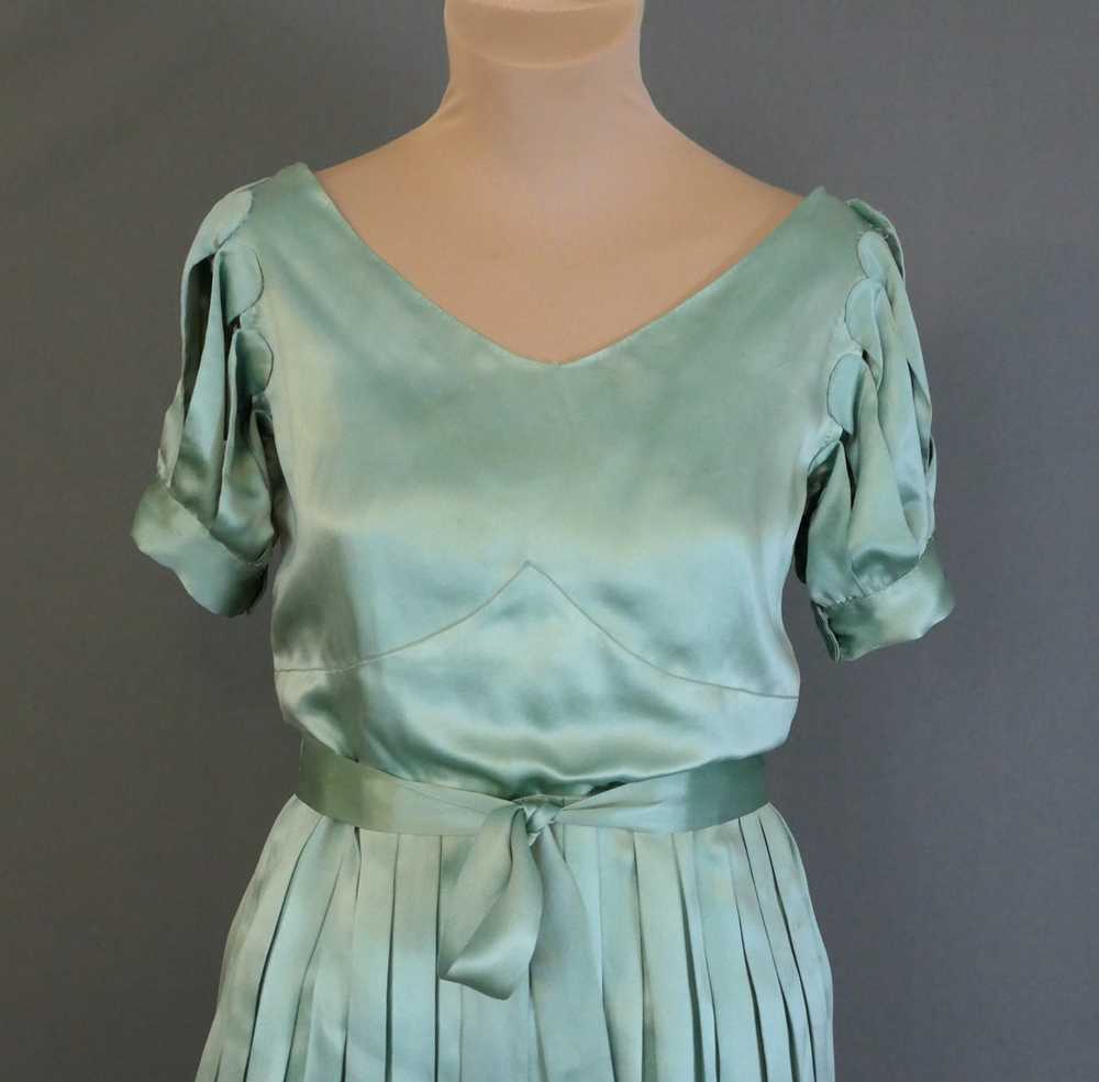 Vintage 1920s Satin Gown Seafoam Green Silk, Plea… - image 5