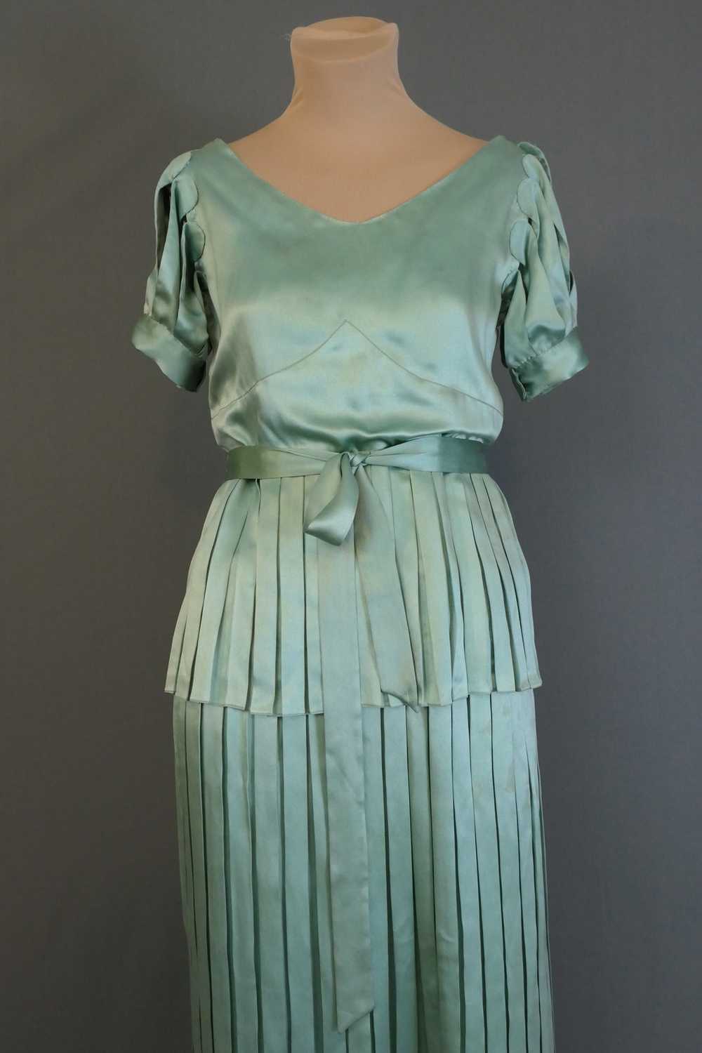 Vintage 1920s Satin Gown Seafoam Green Silk, Plea… - image 7