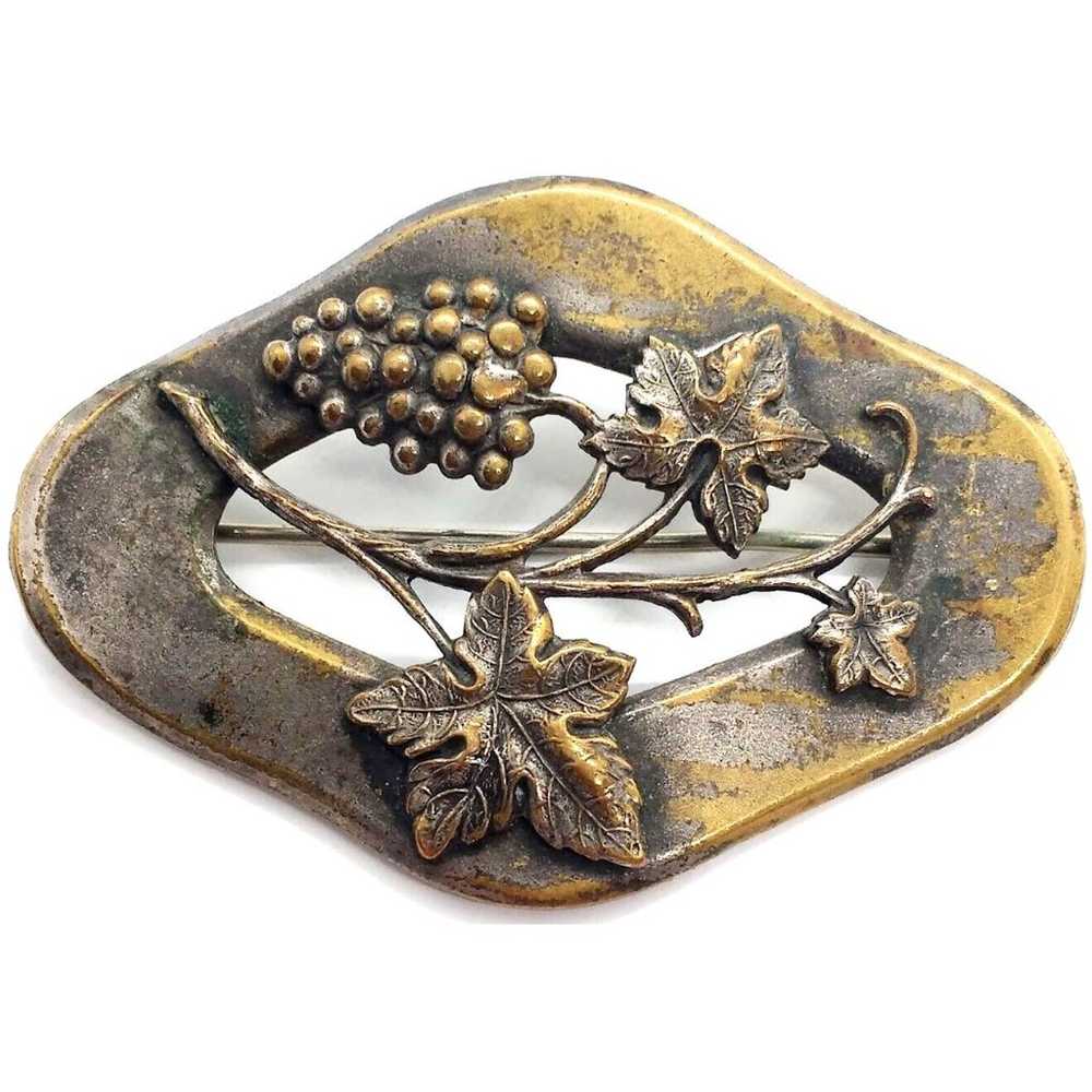 Antique Brass Wine Grape Brooch Pin Plants Fruit … - image 1