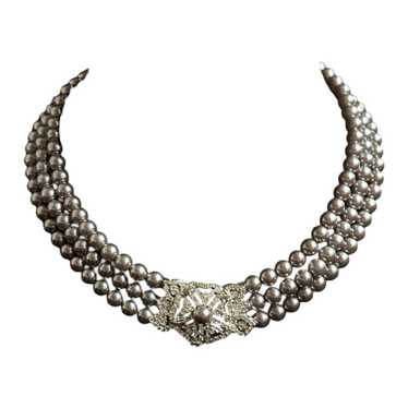 Vintage 90’s 3 Strand Silver Pearl Choker With CZ… - image 1