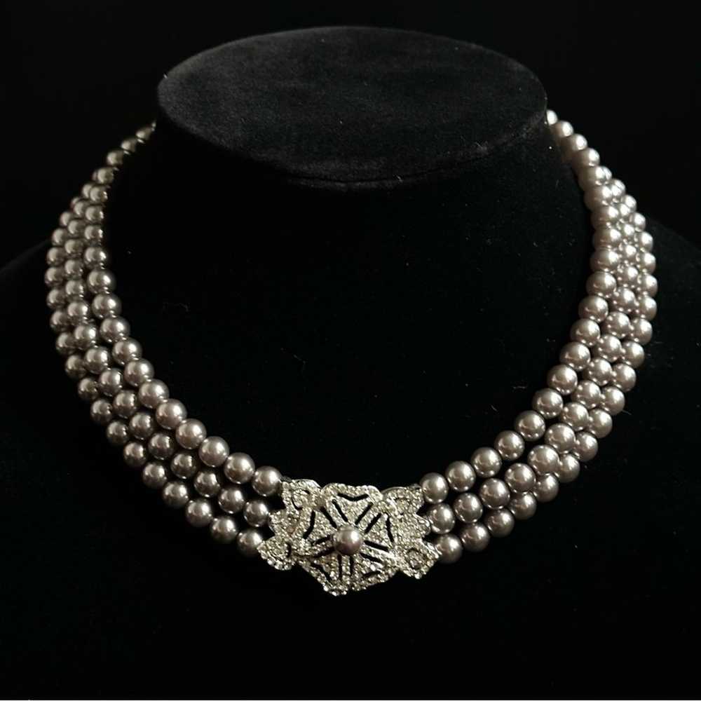 Vintage 90’s 3 Strand Silver Pearl Choker With CZ… - image 2