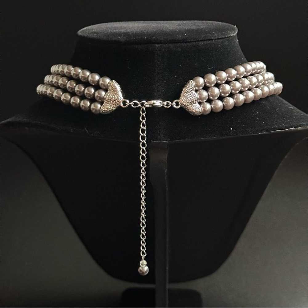 Vintage 90’s 3 Strand Silver Pearl Choker With CZ… - image 4