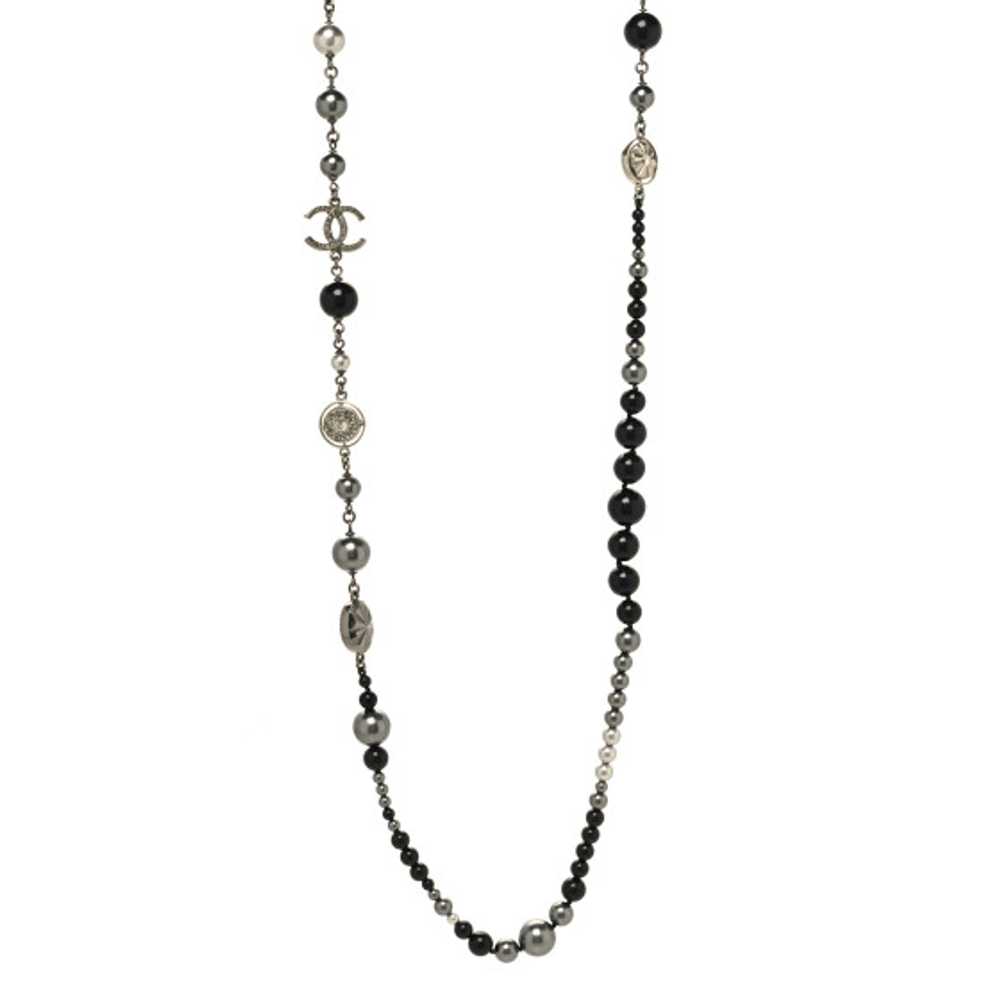 CHANEL Pearl Crystal Beaded CC Long Necklace Blac… - image 1