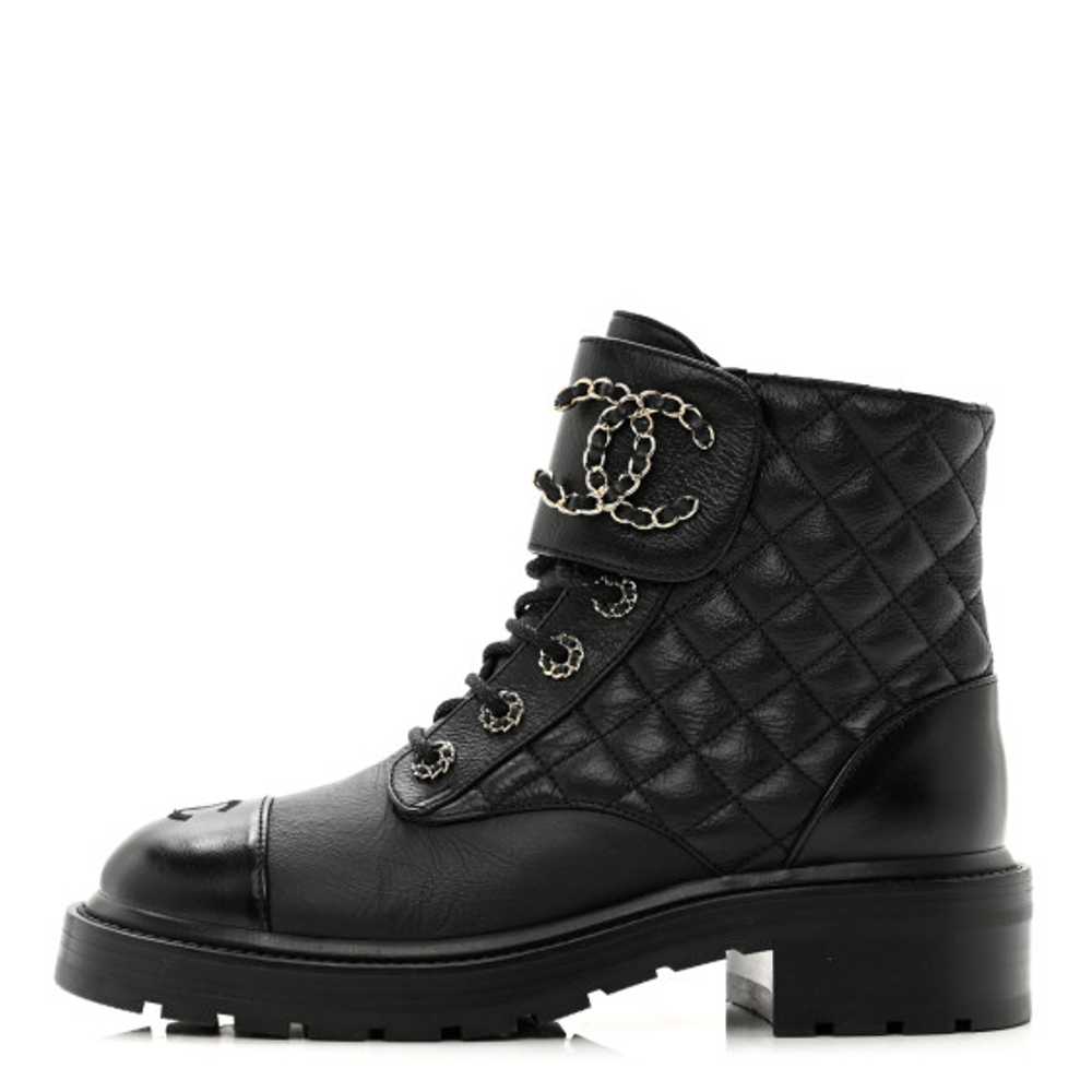 CHANEL Shiny Calfskin Quilted Lace Up Combat Boot… - image 1