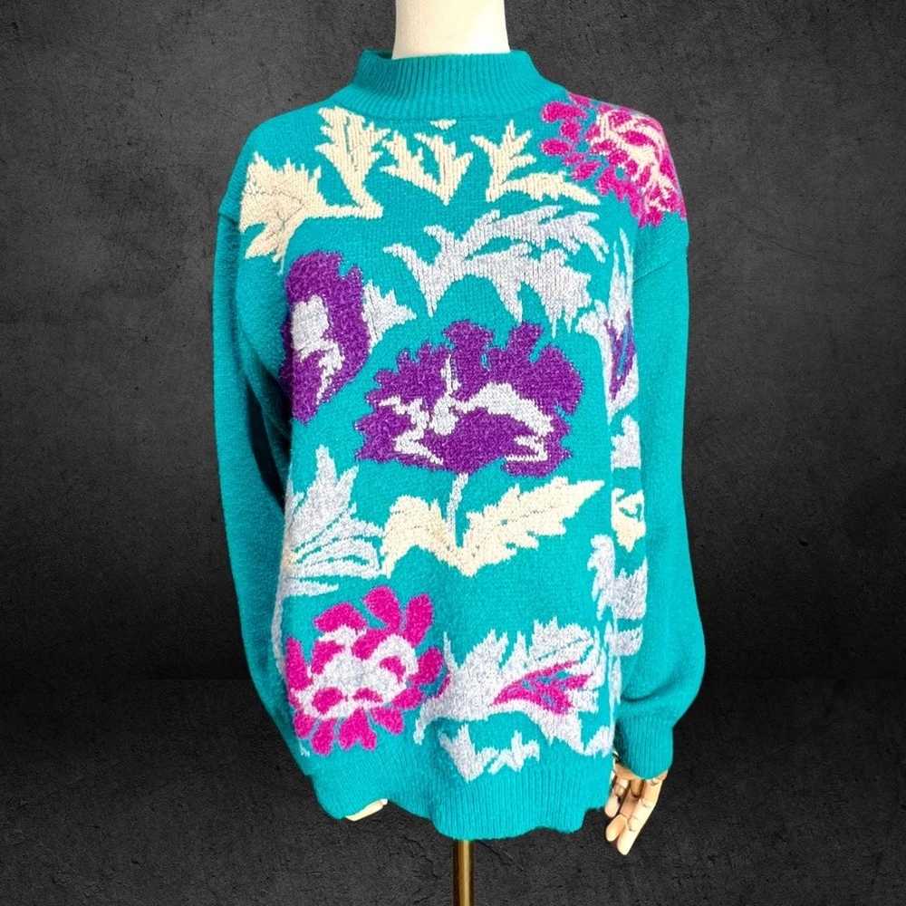 Vintage 80s Alfred Dunner Turquoise Floral Knit M… - image 1