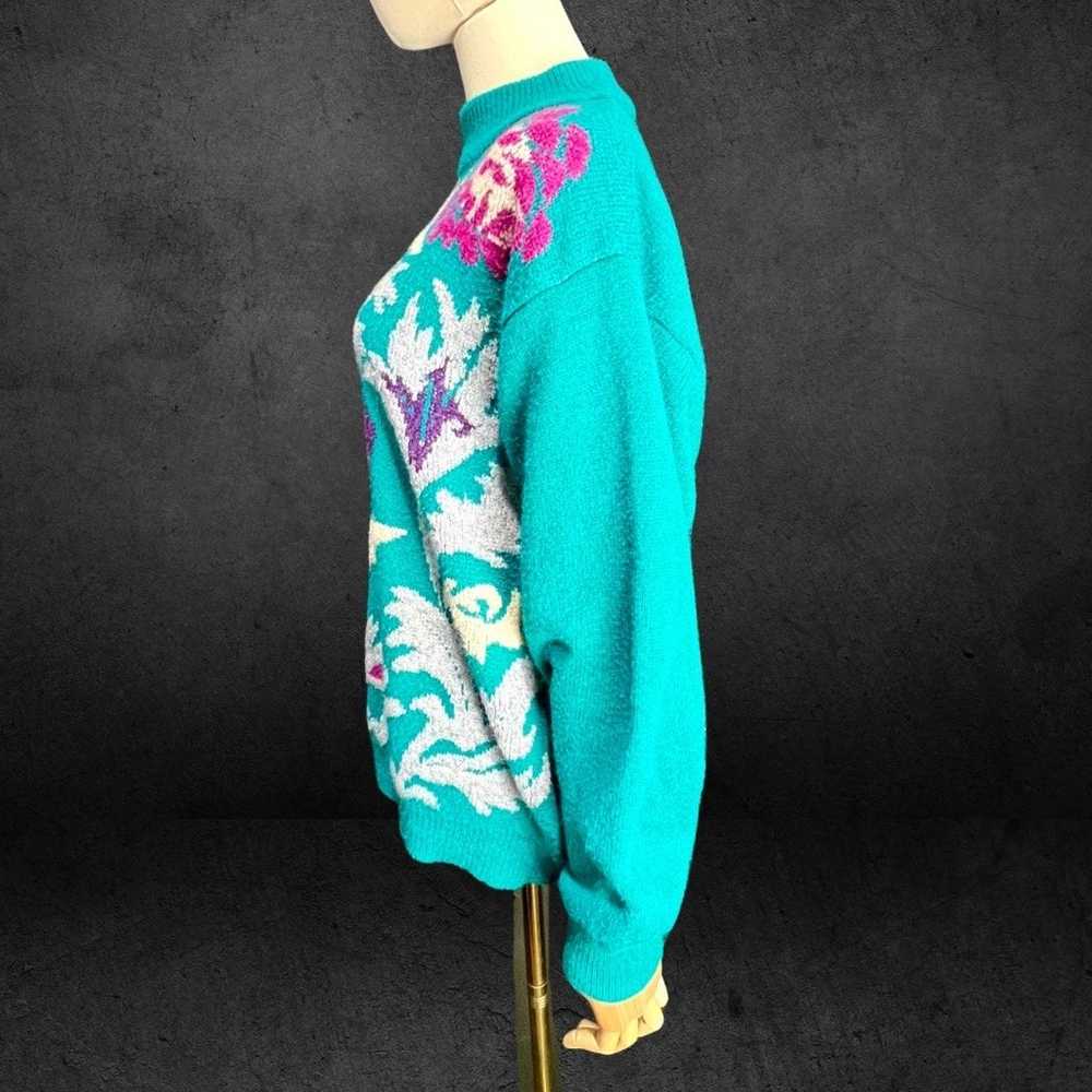 Vintage 80s Alfred Dunner Turquoise Floral Knit M… - image 3