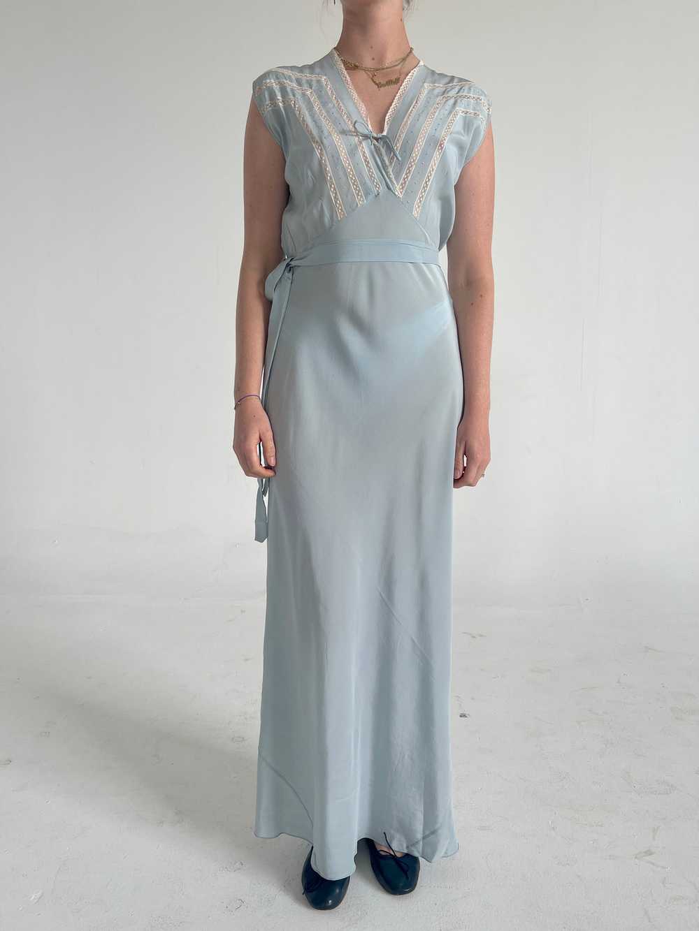 1930's Blue Silk Slip with Cream Lace - image 1