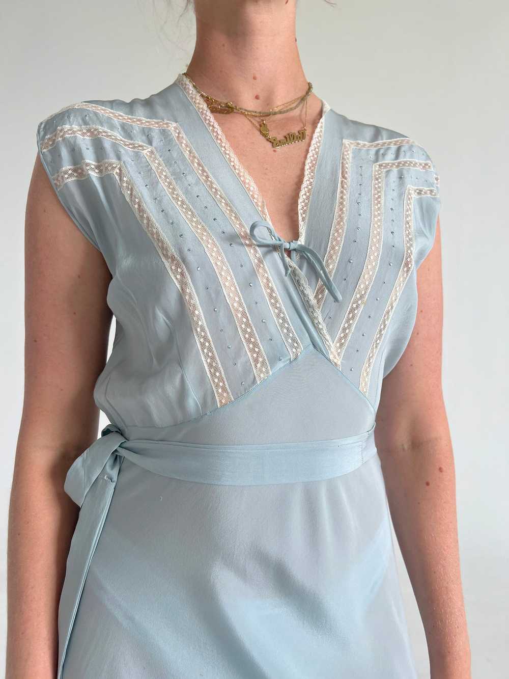 1930's Blue Silk Slip with Cream Lace - image 2